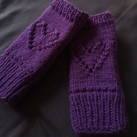 Purple Handmade Valentines Ajour Knit Fingerless Texting Gloves Mittens - Picture 2 of 7